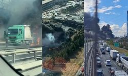 Bahçeşehir TEM Otoyolu'nda seyir halindeki TIR'da yangın çıktı