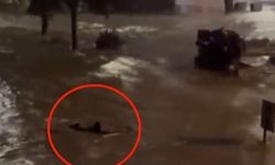 Göle dönüşen caddede akıntıya kapılmamak için yüzdü