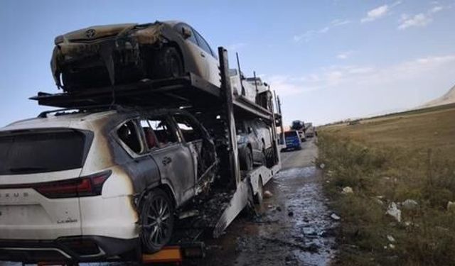 Ağrı'da otomobil taşıyan tırın dorsesinde çıkan yangın kontrol altına alındı