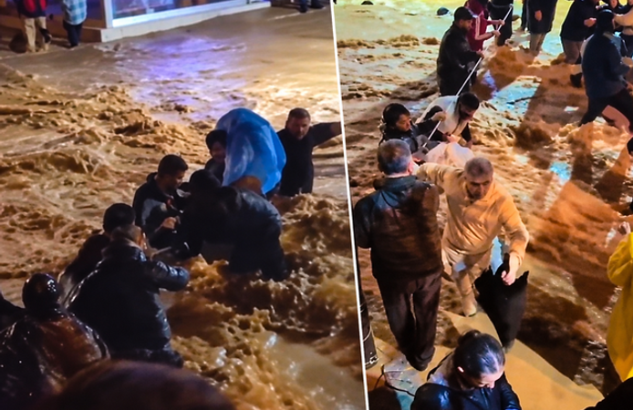 İstanbul Sarıyer'de sağanak sonrası vatandaşlar halat yardımıyla karşıya geçti