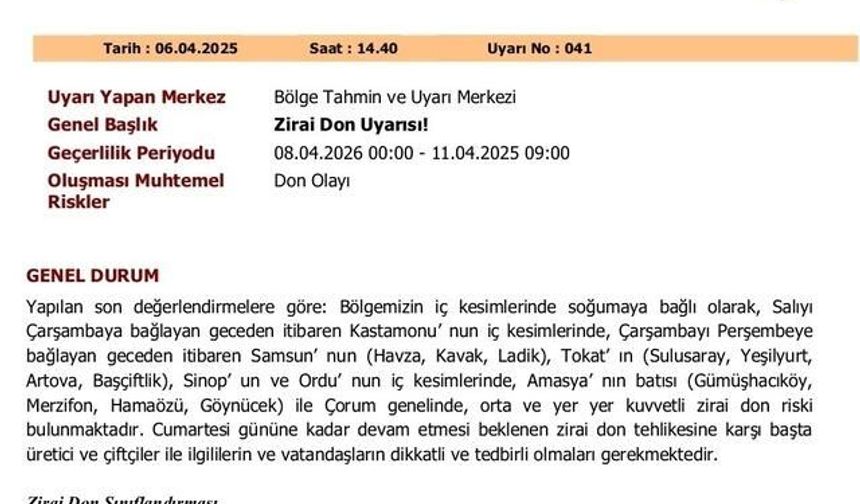 Orta Karadeniz İçin Zirai Don Uyarısı: Soğuk Hava Etkisini Sürdürecek